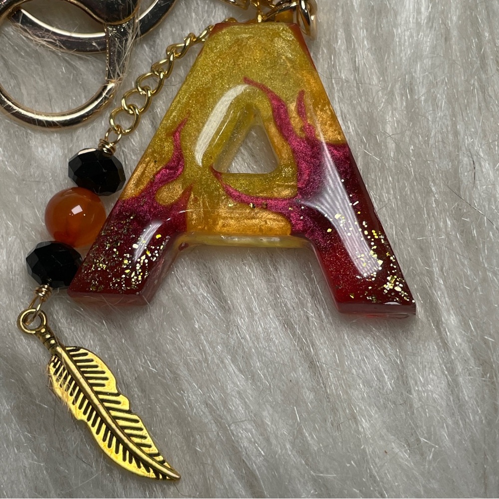 Custom Flaming Letter “A” Keychain with Carnelian Crystal And Gold Feather Charm - Picture 10 of 10